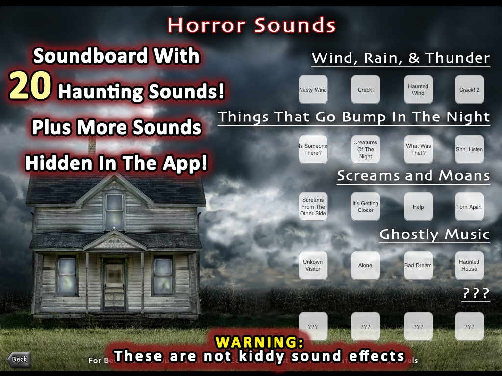Haunting Sound Effects A soundboard with 40 creepy sounds, plus more that are hidden