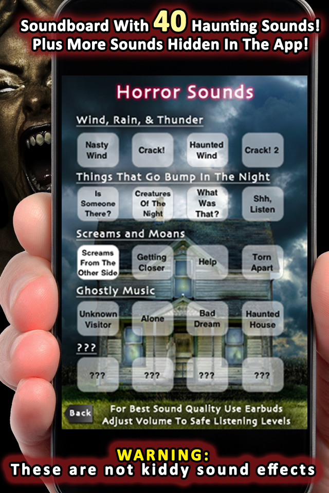 Haunting Sound Effects A soundboard with 40 haunting sounds, plus more that are hidden